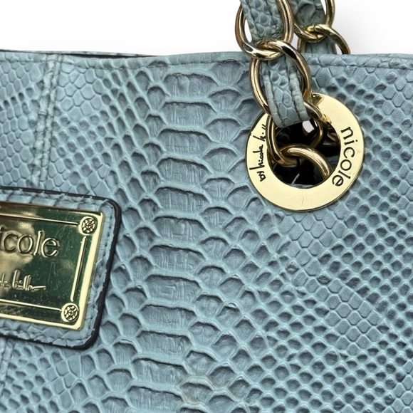 Nicole Miller Shoulder Bag Faux Snakeskin Animal Print Large Gold Chain Purse - Picture 12 of 14